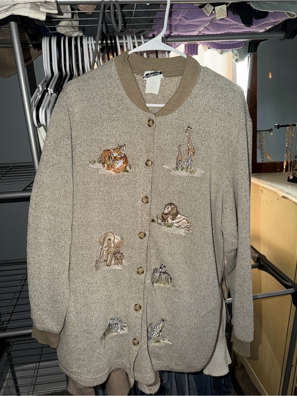 Beige Embroidered Animal Button-Up Sweater